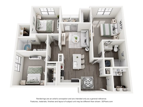 Floor plan for 3 beds, 2 baths, 1266 sqft